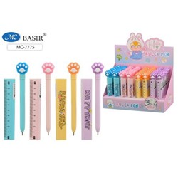 Ручка шариковая детская "ЛАПКИ" синяя, объемный колпачок в виде линейки -10 см МС-7775 Basir