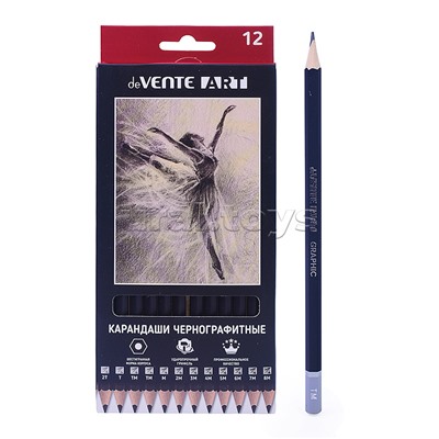 Карандаш чернографитный "Art" 12 шт в наб (2Т, Т, ТМ-2, М, 2М, 3М, 4М, 5М, 6М, 7М, 8М), шестигранный, заточенный, корпус черный с топом, в картонной коробке