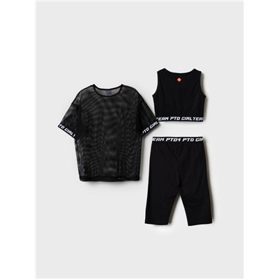 Комплект трикотажный для девочек: брюки (легинсы укороченные), топ, фуфайка (футболка)