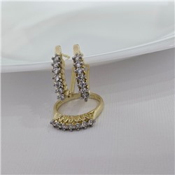 Комплект ювелирной бижутерии Итальянское золото (покрытие желтое 14к), серьги и кольцо 17 р, вставка: фианиты, цвет: прозрачный, арт.216.432-17