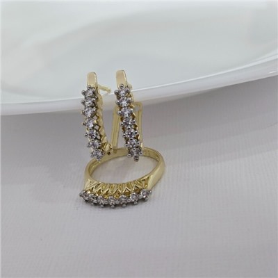 Комплект ювелирной бижутерии Итальянское золото (покрытие желтое 14к), серьги и кольцо 17 р, вставка: фианиты, цвет: прозрачный, арт.216.432-17