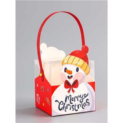 Коробка подарочная новогодняя складная ПВХ с ручками, «Снеговик», 9×9×9.5 см