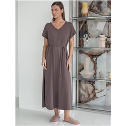 Платье свободное с V-вырезом из 100% хлопка с поясом и разрезом