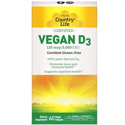 Country Life, Vegan D3, 125 mcg (5,000 IU), 60 Vegan Softgels