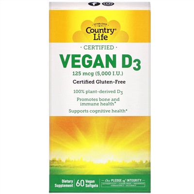 Country Life, Vegan D3, 125 mcg (5,000 IU), 60 Vegan Softgels