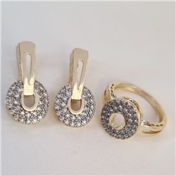 Комплект ювелирной бижутерии Итальянское золото (покрытие желтое 14к) серьги и кольцо 17 р, вставка: фианиты, цвет: прозрачный, арт.217.334-17