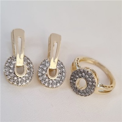 Комплект ювелирной бижутерии Итальянское золото (покрытие желтое 14к) серьги и кольцо 17 р, вставка: фианиты, цвет: прозрачный, арт.217.334-17