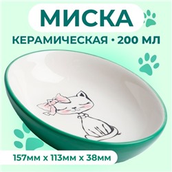 Блюдце керамическое «Милая киса» 200 мл 15.7×11.3×3.8 см, зеленая/белая