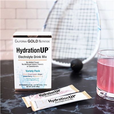 California Gold Nutrition, HydrationUP, смесь для приготовления напитка с электролитами, комбинированный набор из 20 пакетов весом 4,2 г в каждом (0,15 унций)