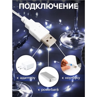 Гирлянда «Мишура» 2 м роса, IP20, серебристая нить, 100 LED, свечение белое, USB