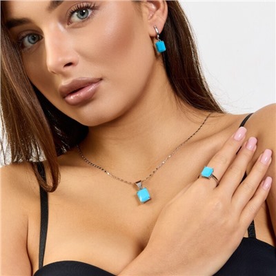 Комплект ювелирной бижутерии коллекция "Дубай" серьги, кулон и кольцо 17 р покрытие посеребрение, вставка: стекло, цвет: бирюзовый матовый, арт.215.589-17
