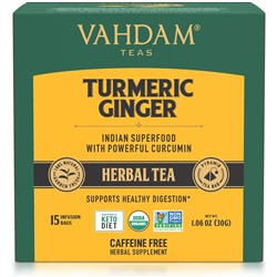 Vahdam Teas, травяной чай, куркума и имбирь, без кофеина, 15 чайных пакетиков, 30 г (1,06 унции)