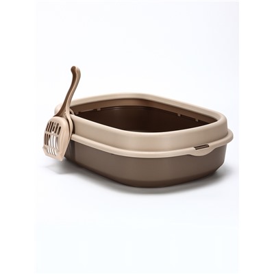 Лоток для кошек Фур-Мур 48×35.5 см с бортом + совок, Soft-touch, капучино