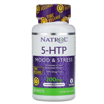 Natrol, 5-HTP, медленное высвобождение, максимальная сила, 200 мг, 30 таблеток