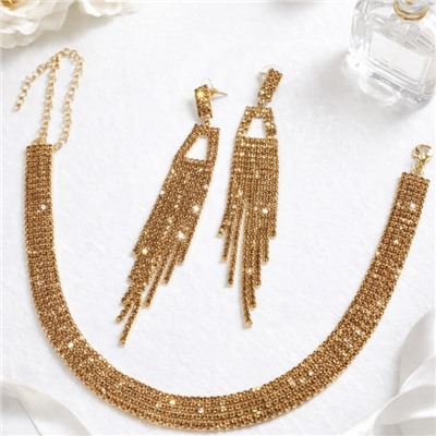 Комплект вечерней бижутерии со стразами чокер и серьги, цвет: шампань, арт.012.105