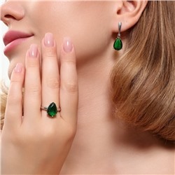 Комплект ювелирная бижутерия серьги и кольцо 17 р, покрытие: посеребрение, вставка: фианит, цвет: изумрудный, арт.313.075-17