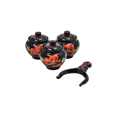 УЦЕНКА Набор горшков «Подарочный с ухватом» 3×0.85 л / 27×21×13 см, мак на черном