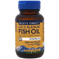 Wiley's Finest, Рыбий жир дикой рыбы Аляски, витамин K2, 60 желатиновых капсул с рыбьим жиром