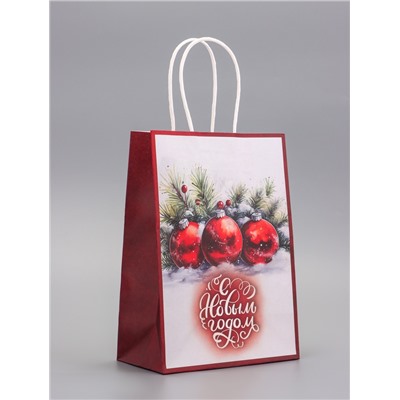 Пакет бумажный подарочный новогодний крафт «Новогодние шары» 15×21×8 см