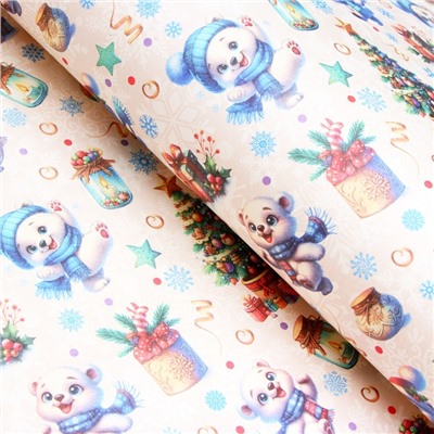 Бумага упаковочная новогодняя «Весёлый мишка», белый крафт, 80 г/м², 50×70 см