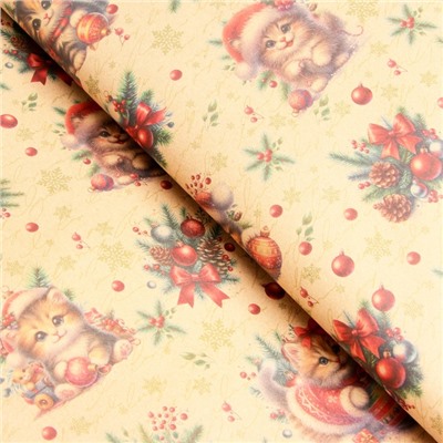 Бумага упаковочная новогодняя «Котик», бурый крафт, 80 г/м², 50×70 см