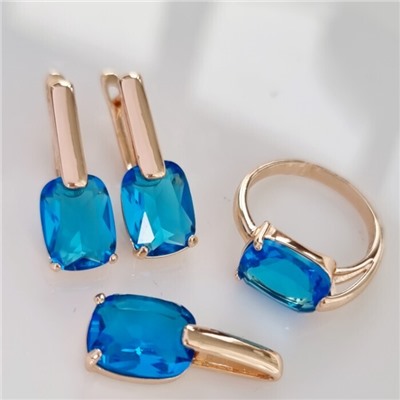 Комплект ювелирной бижутерии коллекция "Дубай" серьги, кулон и кольцо 18 р, покрытие позолота, вставка: фианиты, цвет: голубой, арт.215.388-18