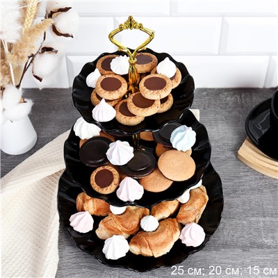 Ваза для сервировки 3-х ярусная 15/20/25 Круг Волна черная / KB22 /уп 80/ Пластик/739562