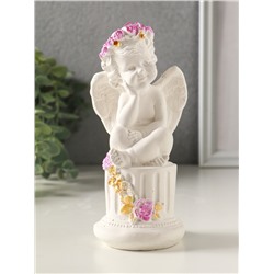 Фигурка гипс «Ангел на тумбе с цветами», 15×7 см, белый с росписью