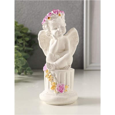 Фигурка гипс «Ангел на тумбе с цветами», 15×7 см, белый с росписью