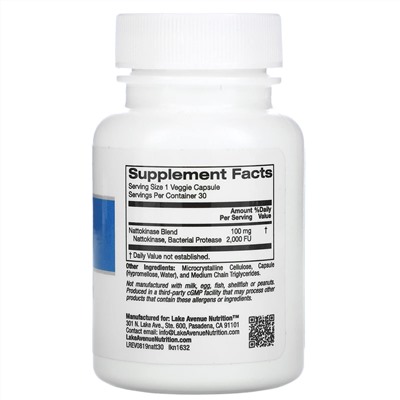 Lake Avenue Nutrition, Наттокиназа, протеолитический фермент, 2000 FU, 30 растительных капсул