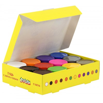 Гуашь 12цв 17 мл плюс золото и серебро ГКМЗС12/17 Каляка-Маляка