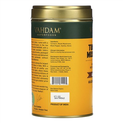 Vahdam Teas, смесь для латте, куркума и грибы, 100 г (3,53 унции)