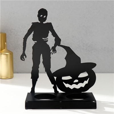 Металлический подсвечник на 2 свечи «Хэллоуин. Зомби с тыквой», чёрный, 17.5×14×6 см