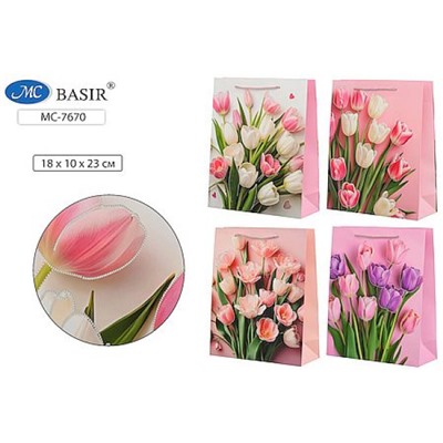 Пакет бумажный 18х23х10 см "ТЮЛЬПАНЫ" МС-7670 плотный,цветной с рисунком,серебист.тиснение ассорти Basir