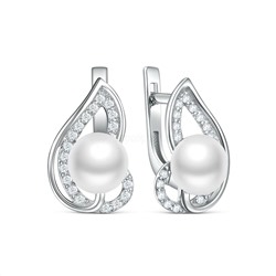 Серьги из серебра с культивированным жемчугом и фианитами родированные 925 пробы См042р1005