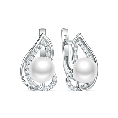 Серьги из серебра с культивированным жемчугом и фианитами родированные 925 пробы См042р1005