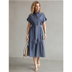 Платье в полоску А-силуэта с поясом из легкого хлопкового поплина