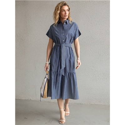 Платье в полоску А-силуэта с поясом из легкого хлопкового поплина