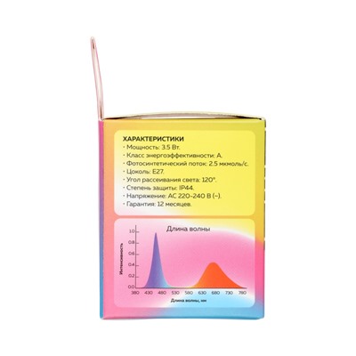 Фитолампа для растений Luazon Lighting, светодиодная, E27, 3.5 Вт, IP44, 220 В, 270°, биколорная