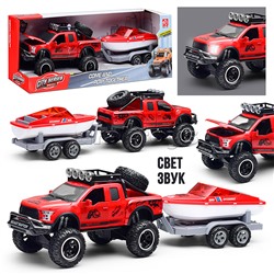 Машина с прицепом и лодкой (свет, звук) в коробке