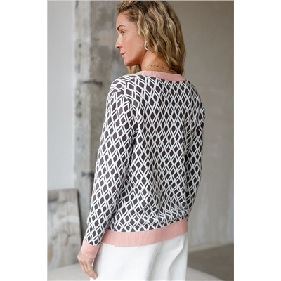 Кардиган с V-вырезом жаккардовой вязки с принтом ромб VILATTE, 1229070