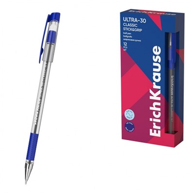 Ручка шариковая ULTRA-30 Stick&Grip Classic, Super Glide Technology синяя 0.7мм 19613 ErichKrause