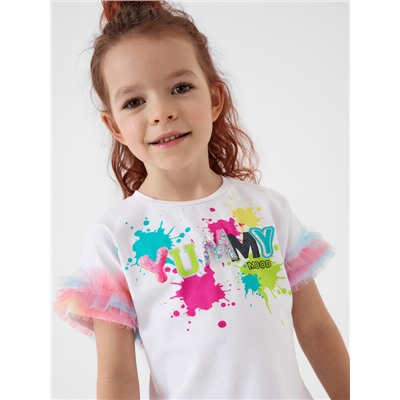 Комплект трикотажный для девочек: джемпер (футболка), юбка-шорты