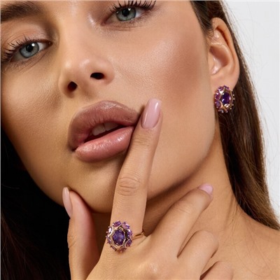 Комплект ювелирной бижутерии коллекция "Дубай" серьги и кольцо 20 р покрытие позолота, вставка: стекло, цвет: фиолетовый, арт.215.574-20