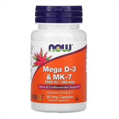 Now Foods, мега D3 и MK-7, 180 мкг (5000 МЕ), 60 растительных капсул