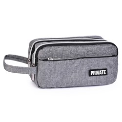 Пенал "Private" 22,5x11x9 см, прямоугольный для 80 предметов, плотный износостойкий полиэстер с водоотталкивающей пропиткой, с 2-мя отделениями на молнии, наружный объемный карман на молнии, с аппликацией из каучука, с ручкой-петлей, серый