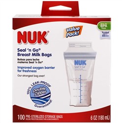 NUK, Seal 'n Go, пакетики для грудного молока, 100 стерильных пакетиков для хранения, 180 мл ( 6 унций)