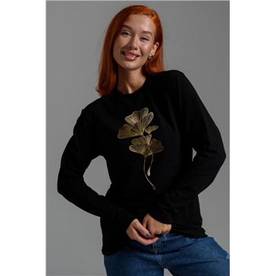 8519/1 Футболка с длинным рукавом женская (Черный_листья)