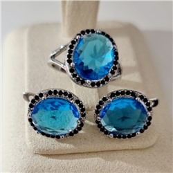 Комплект ювелирной бижутерии коллекция "Дубай" серьги и кольцо 17 р покрытие посеребрение, вставка: стекло и цирконы, цвет: голубой и черный, арт.215.607-17