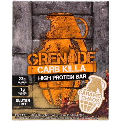 Grenade, Carb Killa, High Protein Bar, Caramel Chaos, 12 Bars, 2.12 oz (60 g) Each